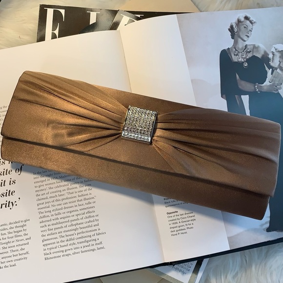 Chocolate Brown Satin Rhinestone Special Occasion Clutch NWT